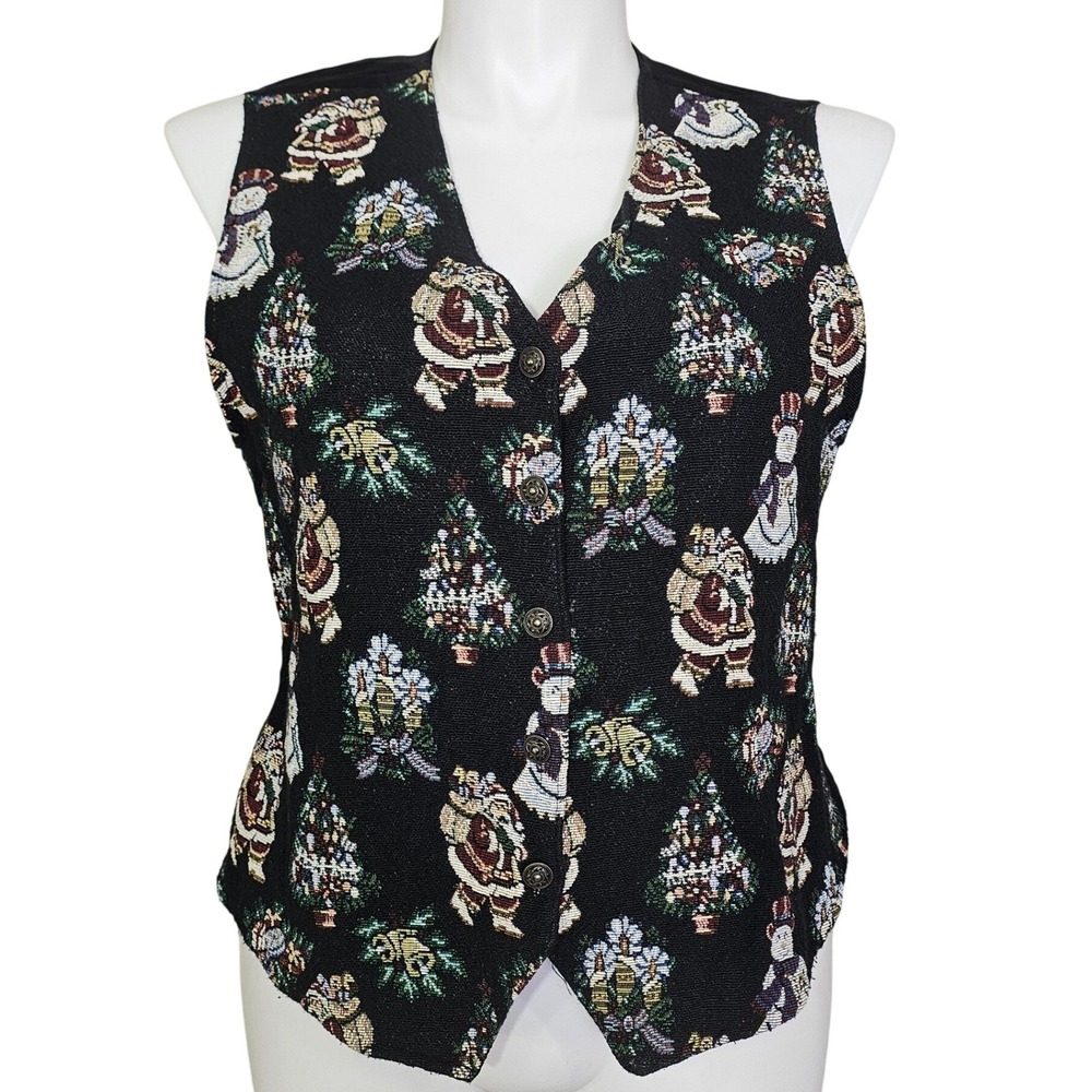 Bobbie Brooks Christmas Tapestry Vest Black Santa Snowman Tree Vintage Style L